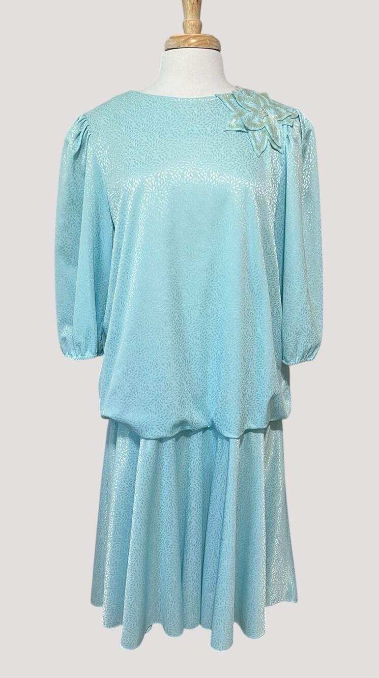 Vintage 80s Risa Ann Ice Blue Shimmer Jacquard Drop Waist Blouson Dress size 22